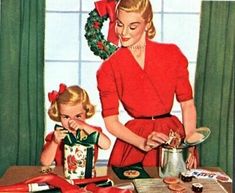 an old fashioned christmas card shows a woman and child preparing cookies for the holiday season