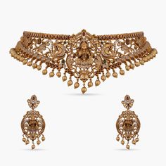 Vasudha Antique Nakshi Choker Set Gold Temple Necklace With Intricate Choker Design, Traditional Gold Cutdana Choker, Gold Bollywood Style Handmade Choker, Gold Hand-set Temple Jewelry Choker, Bollywood Style Hand-set Gold Choker, Gold Necklace Indian, Choker Pendant, Kundan Earrings, Kids Necklace