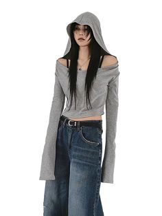 PRODUCT DETAILSHoodie by DYSTOPIɅN ™️ Off-shoulder design Elegant draped hood Extra-long sleeves Cropped waist Soft and stretchy gray wash cotton High-quality fabric SIZE & FITAvailable in sizes S, M, L, offers a relaxed, cropped fit that hugs the torso while offering freedom of movement in the arms with its oversized sleeves.LOOK AFTER MEMachine wash cold, tumble dry low.ABOUT MECrafted from a soft cotton-blend fabric that’s breathable and comfortable, perfect for year-round wear.Fabric: 85% Co Spring Gray Stretch Hoodie, Gray Stretch Hoodie For Spring, Gray Stretch Top With Drawstring Hood, Baggy Cropped Hoodie, Sporty Gray Hooded Top, Oversized Cropped Sweatshirt With Drawstring Hood, Black Cropped Hoodie With Drawstring Hood, Sporty Long-sleeved Top With Drawstring Hood, Oversized Sleeves