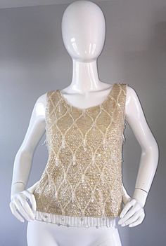 Beautiful 1950s / 1960s Ivory Wool Beaded + Sequins Off - White Sleeveless Top Early 60s, White Sleeveless Top, Beaded Top, White Sleeveless, Sleeveless Sweater, Beaded Dangles, Hand Sewing, Sleeveless Top, Lace Top