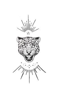 a black and white drawing of a leopard's head with sun rays coming out