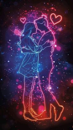 two people are hugging in the dark with bright lights behind them and hearts above them