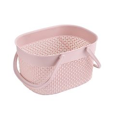 a pink plastic basket with handles on the bottom and handle is shown in front of a white background