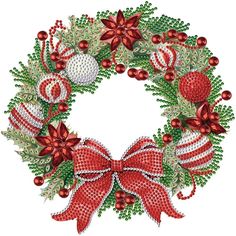 a christmas wreath with red and white balls, holly leaves and poinsettis