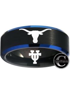 Texas Longhorns Ring Longhorns logo black and blue ring wedding ring 8mm tungsten ring, sizes 6 - 13 available. Customize with a special name, date or message on the inside of the band. #texas #longhorns #ut #logo #ring #big12 #ncaa #football #basketball Customizable Black Promise Jewelry, Custom Black Jewelry For Anniversary, Customizable Black Wedding Jewelry, University Of Texas Ring, Birmingham Bull Ring, Luxury Blue Rings With Inlay, Raptors Championship Ring, Texas Longhorns Logo, Custom Wedding Rings