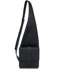 black calf leather grained texture asymmetric design front zip-fastening pocket adjustable shoulder strap foldover top clasp fastening internal slip pocket main compartment Round Bag, Leather Messenger Bag, Asymmetrical Design, Leather Messenger, Black Bag, Salvatore Ferragamo, Calf Leather, Calf Skin, Messenger Bag