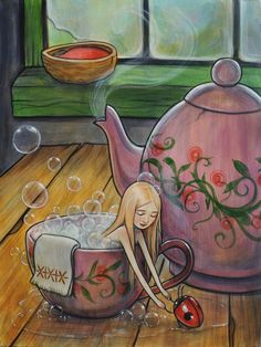 a painting of a girl in a teapot with soap bubbles floating around her and the words lovely sunday above it