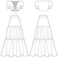 the front and back views of a dress with ruffles on it, as well as