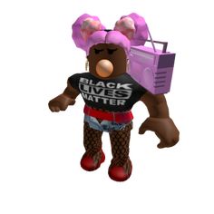 an animated black lives matter character with pink hair and headphones, carrying a box on her back