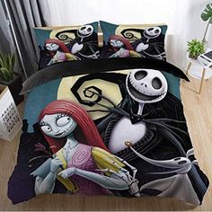 a bed covered in a cartoon character comforter and pillow set with two skeletons on it