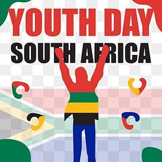 a man standing in front of a flag with the words youth day south africa on it