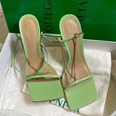 Authentic Bottega Veneta Chain Sandals Sz 37 Color Light Sage Green Nib Tried On Only (Please Note There Is No Damage To Shoes However, The Box Is Ripped Please Ask Any Questions Sales Are Final. Please Submit Only Reasonable Offers Elegant Green Sandals With Square Toe, Luxury Sandals With Chain Strap For Spring, Luxury Chain Strap Sandals For Spring, Luxury Spring Heels With Chain Strap, Luxury Heels With Chain Strap For Spring, Luxury Chain Strap Heels For Spring, Designer Open Toe Heels With Chain Strap, Luxury Sandals With Chain Strap For Summer, Designer Summer Heels With Chain Strap