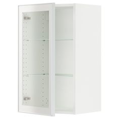 a white cabinet with glass doors and shelves in front of the door is open to reveal an empty shelf