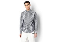 Armani Exchange Printed Jacquard A X Shirt - Men's Clothing : Dark Navy/Off-White Word : Express your love for an iconic style and stay perfectly comfortable no matter where you go, wearing the Armani Exchange Printed Jacquard A X Shirt. Point collar and long sleeves with buttoned cuffs. Buttoned front closure. One patch pocket on the left chest. Allover logo print. Curved hem. 100% cotton. Machine washable. Imported. Measurements: Length: 29 in Sleeve Length: 28 in Product measurements were tak Designer Long Sleeve Tops With Pockets, Designer Slim Fit Long Sleeve Shirt, Designer Long Sleeve Shirt With Pockets, Designer Long Sleeve Tops With Button Cuffs, Designer Long Sleeve Shirt With Button Closure, Cotton Long Sleeve Tops With Monogram Print, Armani T Shirt Men, Armani Shirts Men, Armani Exchange T-shirt