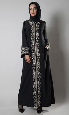 Leena Cream Embroidered Abaya Jilbab - EastEssence.com Embroidered Abaya, Desi Clothing, Button Embroidery, Modern Abaya, Abaya Fashion Dubai, Moslem Fashion, Black Abaya, Abaya Designs, Abaya Dress