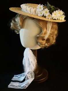 Handmade Lace Ruffle Flower Decorated Straw Hat Straw Hat Flowers, 1950s Straw Hat, Edwardian Straw Hat, Victorian Hats Woman 1880, Wench Fashion, 1900s Accessories, Victorian Hats Woman, Hats Reference, Regency Hat