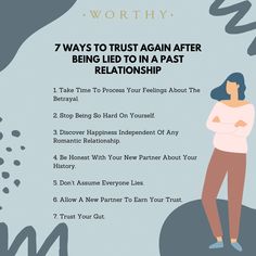 a woman standing in front of a blue background with the words 7 ways to trust again after