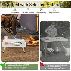 a man sitting at a camp table cooking fish over an open fire with the words crafted with selected materials