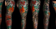 many different colored tattoos on the legs and arms, all with flowers in each section