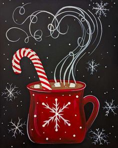 a painting of a red mug filled with hot chocolate and candy cane