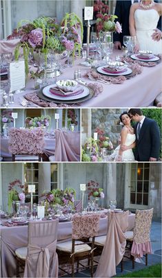 the wedding table is set with pink flowers and place settings