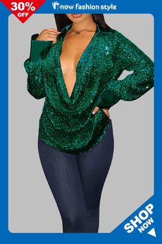 Green Sexy Casual Celebrities Solid Sequins Patchwork Fold V Neck Tops Green Long Sleeve Top For Club, Green V-neck Party Top, Green Top For Night Out Party Season, Stretch Green Blouse For Night Out, Green Stretch Blouse For Night Out, Non-stretch Party Blouse, Trendy Green Blouse For Night Out, Loose Outfit, Tops Online