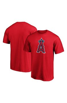 Do you want to elevate your game day style to the next level? Put on this sleek Los Angeles Angels Official Logo T-shirt and wow the crowd. This Fanatics Branded shirt features awesome Los Angeles Angels graphics on the front, perfect for showing your devotion to the team to everyone in the stands. Material: 100% Cotton Screen print graphics Rib-knit collar Crew neck Short sleeve Machine wash, tumble dry low Tagless Collar Officially licensed Imported Brand: Fanatics Branded Red Fan Apparel T-shirt For Sports Events, Sports Season Tops With Team Logo For Fan Events, Moisture-wicking Tops For Baseball Season Fan Gear, Team Name Tops For Baseball Season Fan Events, Baseball Season Tops With Team Name For Fan Events, Baseball Season Tops With Letter Print For Fan Events, Letter Print Tops For Baseball Season Fan Events, Collegiate Red Tops With Team Logo, Team-colored Tops With Team Name For Fan Events