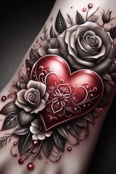 a heart with roses and pearls on it's side is shown in this tattoo design