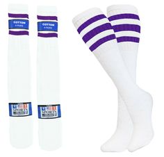 WHITE WITH PURPLE STRIPES Striped Tube Socks  8 PAIRS NOT A YOUTH SIZE SIZE 10-15   -   22  INCHES   Fits best shoe size 8 to 11 How high up the leg socks go may vary depending on foot size ***CLICK HERE TO SEE MORE OPTIONS*** Designed for SPORTS ATHLETIC OR CASUAL USE Smooth & comfortable and classy Cotton Tube Socks. FAST SHIPPING FROM USA SUPPLIER IN STOCK - READY TO SHIP !!! Return Policy OUR RETURN POLICY - NO QUESTIONS ASKED *All our products are Brand New so the product must be returned i Volleyball Socks, Striped Tube Socks, Long Socks, Tube Socks, Cheerleading, Old School, Socks, Shoe Accessories, Stripes