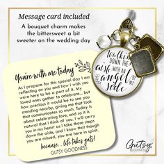 a message card attached to a keychain on a marble background with an ornament