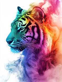 Add a burst of color to your space with this stunning artwork of a tiger surrounded by vibrant, rainbow-like smoke. The airbrush-style design on a white background creates a bold and eye-catching piece, perfect for brightening up any room. Ideal for wall art, prints, or unique decor. Art Tigre, Rainbow Tiger, Tiger Art Print, Airbrush Designs, Modern Living Room Decor, Tiger Art, Living Room Decor Modern, Unique Animals, Animal Wall Art