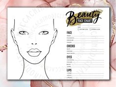 the beauty face chart is shown in black and white, with pink flowers around it