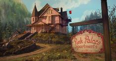 a painting of a pink house on a hill with a sign that says park palace apartments