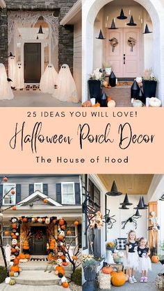 halloween porch decor with pumpkins, ghost and witches on the front door for kids to decorate