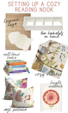 a bunch of items that include books, pillows and other things to make it look like they