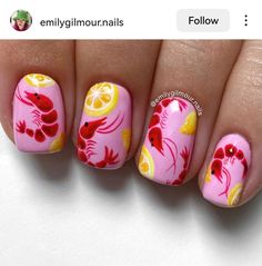 5 De Mayo Nail Ideas, Crawfish Nail Art, Lobster Nails Designs, Flip Flop Nails Design, Rainbow Fish Nails, Crab Nail Art, Lobster Nail Art, Chicken Nails Designs, Sardine Nails