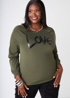 Love is illuminated on our stretch-knit tee with contrasting sequin spelling out the amorous feeling. Sequin Tee Shirt, Professional Photo Shoot, Shirts Plus Size, Sequin Tee, Plus Size Tees, Ashley Stewart, Long Sleeve Tee Shirts, Top Graphic Tees, Knit Tees