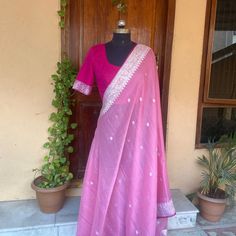 Saree with stitched blouse|Pure khaddi chiffon saree | traditional banarasi saree | sari with blouse set | silk sari blouse |sarees USA | fancy silk saree with blouse / onion pink silk saree / soft saree Charming banarasi chiffon beauty in triple handbrush dye work, the majestic border in two different shades and the appealing shade of this saree Banarasi khaddi chiffon saree having Bouts on sarees along with difined border and Barbie pink  so bored of regular saree styles ? Then You really deserve to own this unique stylish saree look for your upcoming occassion that really makes you stand apart in crowd !! The blouse for this saree can be stitched to custom size / standard size according to our size chart as displayed , can be selected during the checkout !! Presenting this beautiful pur Pink Slub Silk Traditional Wear With Sheer Dupatta, Pink Slub Silk Pre-draped Saree With Dupatta, Pink Sheer Slub Silk Dupatta, Designer Pink Slub Silk Pre-draped Saree, Pink Slub Silk Pre-draped Saree For Designer Wear, Pink Anarkali Blouse Piece In Slub Silk, Pink Anarkali Blouse In Slub Silk, Pink Cotton Silk Saree With Sheer Dupatta, Pink Banarasi Silk Blouse With Sheer Dupatta