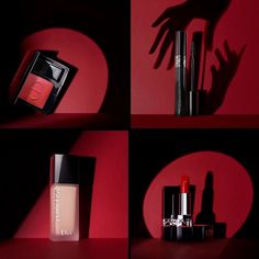 four different shots of lipstick and cosmetics on a red background, with the shadow of someone's hand over them