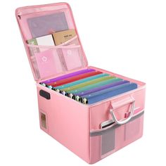 a pink suitcase filled with lots of different colored files and folders on top of each other