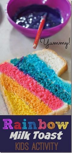 rainbow milk toast with blue, yellow, and pink frosting in the middle next to a purple bowl