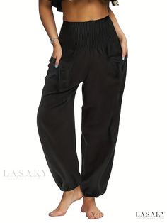 Lasaky - High Rise Solid Shirred Waist Plus Size Sports Pants for Women - Stylish Slight Stretch Carrot Pants with Pockets Casual Harem Pants, Casual Harem Bottoms With Side Pockets, Harem Loungewear Bottoms With Pockets, Casual Harem Yoga Pants With Pockets, Casual Yoga Harem Pants With Pockets, Harem Pants With Pockets For Loungewear, Relaxed Fit Ankle-length Yoga Pants With Pockets, Full-length Harem Pants With Side Pockets, Casual Full Length Harem Yoga Pants