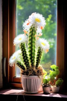 a potted cactus with white flowers sitting on a window sill