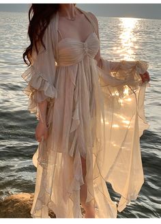 Summer Outfits Women Beach, Beach Wedding Dresses Long Sleeve, Flowy Sun Dress Aesthetic, Sundress Beach, Casual Romantic Outfit, Beach Outfits Women, Cottagecore Ruffled Beach Dresses, Cream Fairycore Summer Dress, Beach Outfits Women Dresses