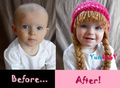 two babies wearing knitted hats with the words before and after written in pink on them