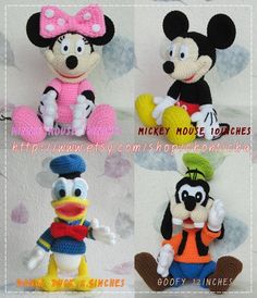 four mickey mouse stuffed animals are shown in three different styles and colors, each with a bow on their head