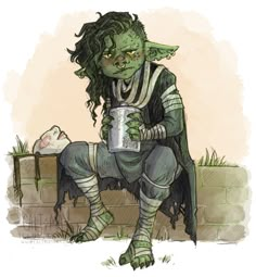 a drawing of a woman with green hair sitting on a bench and holding a cup