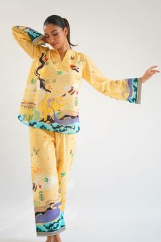 Aylia (A) Yellow Silk Sets With Printed Motifs, Silk Pant Set With Long Sleeves For Summer, Silk Long Sleeve Pant Set For Summer, Yellow Silk Sets For Spring, Yellow Silk Set For Summer, Yellow Printed Sets For Loungewear, Yellow Long Sleeve Sets With Printed Motifs, Spring Yellow Long Sleeve Sets, Yellow Long Sleeve Sets For Spring