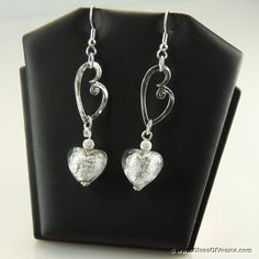 Venetian Wedding Heart earrings - silver ice Elegant Dangle Jewelry With Heart Charm, Elegant Hypoallergenic Double Heart Jewelry, Elegant Nickel-free Double Heart Jewelry, Elegant Nickel Free Double Heart Jewelry, Heart-shaped Metal Earrings For Wedding, Elegant Glass Drop Earrings, Silver Heart Earrings For Wedding On Valentine's Day, Sterling Silver Heart Wedding Earrings, Elegant Sterling Silver Heart-shaped Earrings