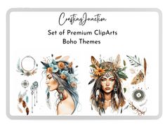 the set of premium cliparts for boho themes includes feathers, flowers and arrows